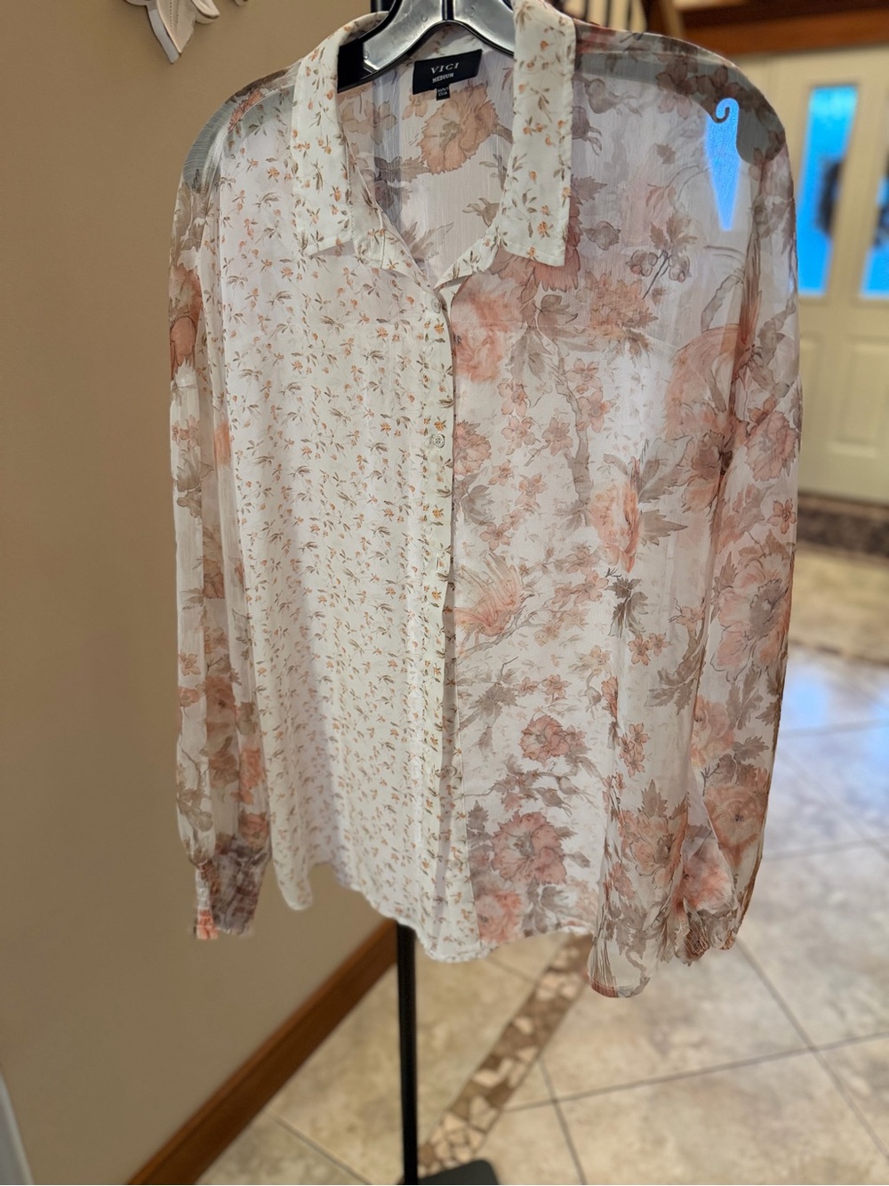 VICI Medium Sheer Floral Mixed Print Button Down Blouse Boho Romantic